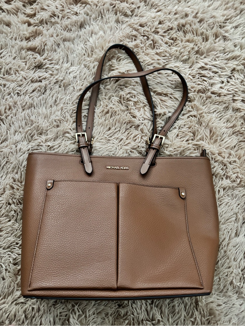 Michael Kors Tan Brown Pebbled Leather Tote with Front Pockets